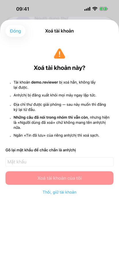 The delete account screen in 29Son Chat